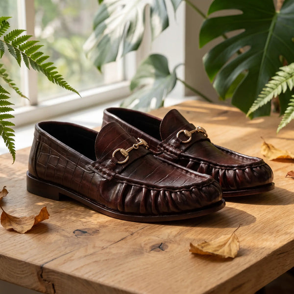 Leather Croc Horsebit Vintage Loafers - Burgundy