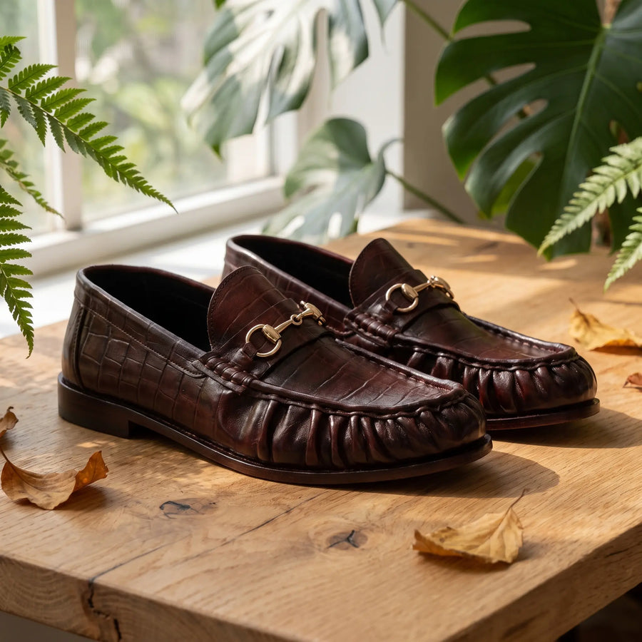 Leather Croc Horsebit Vintage Loafers - Burgundy