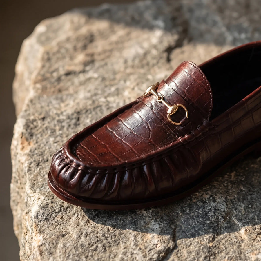 Leather Croc Horsebit Vintage Loafers - Burgundy