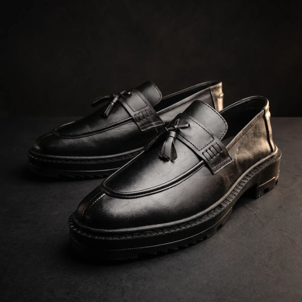 Leather Chunky Tassel Loafers - Black