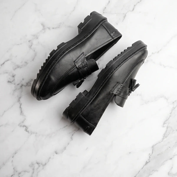 Leather Chunky Tassel Loafers - Black