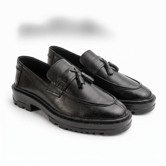 Leather Chunky Tassel Loafers - Black