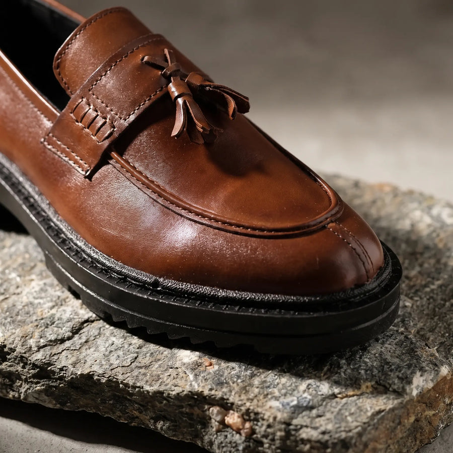 Leather Chunky Tassel Loafers - Brown