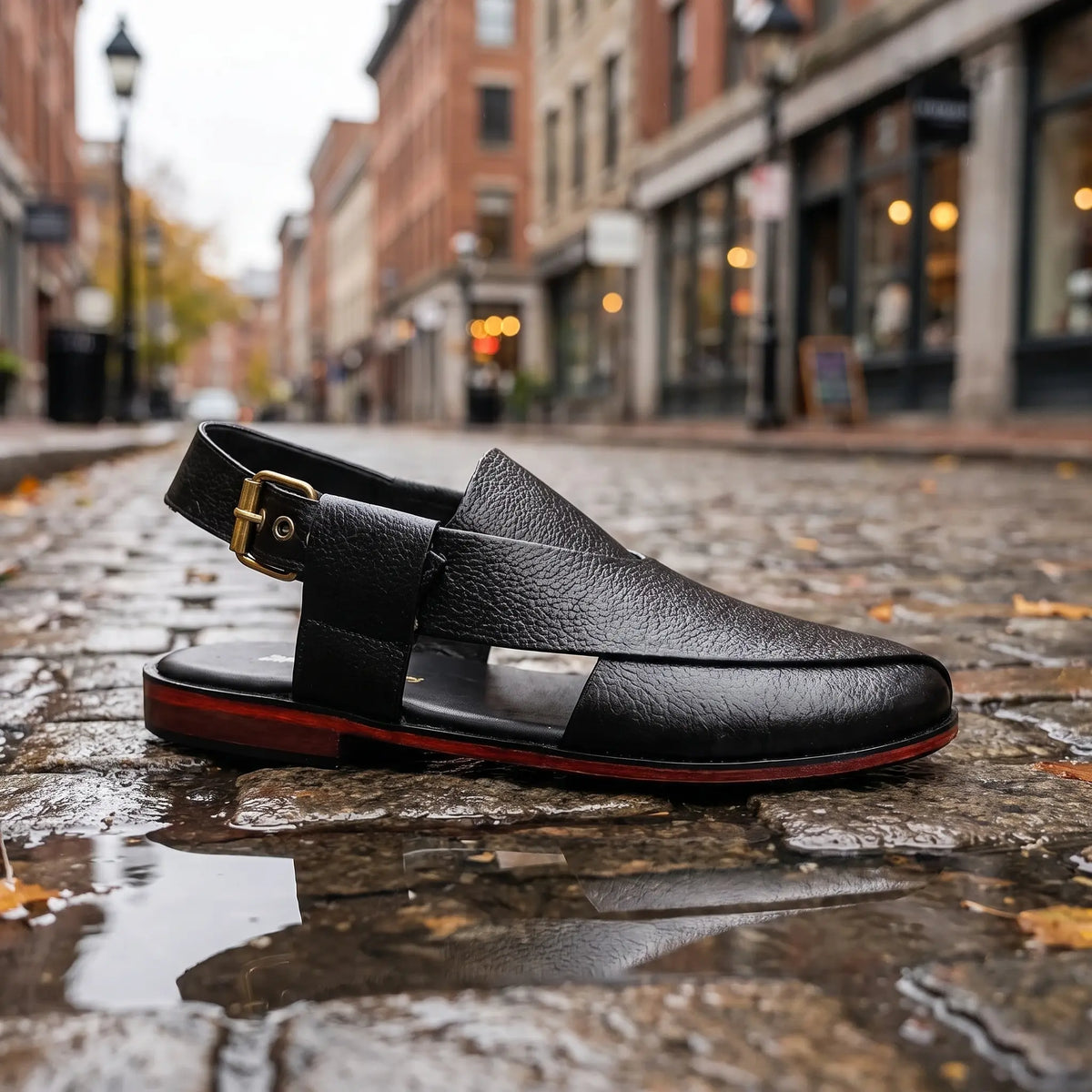 Kaptan Leather Chapal - Black