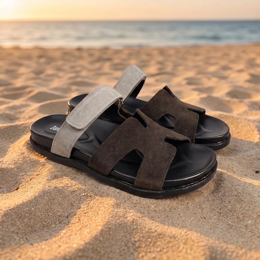Medicated Suede Leather Stealth Sandals - Beige & Brown