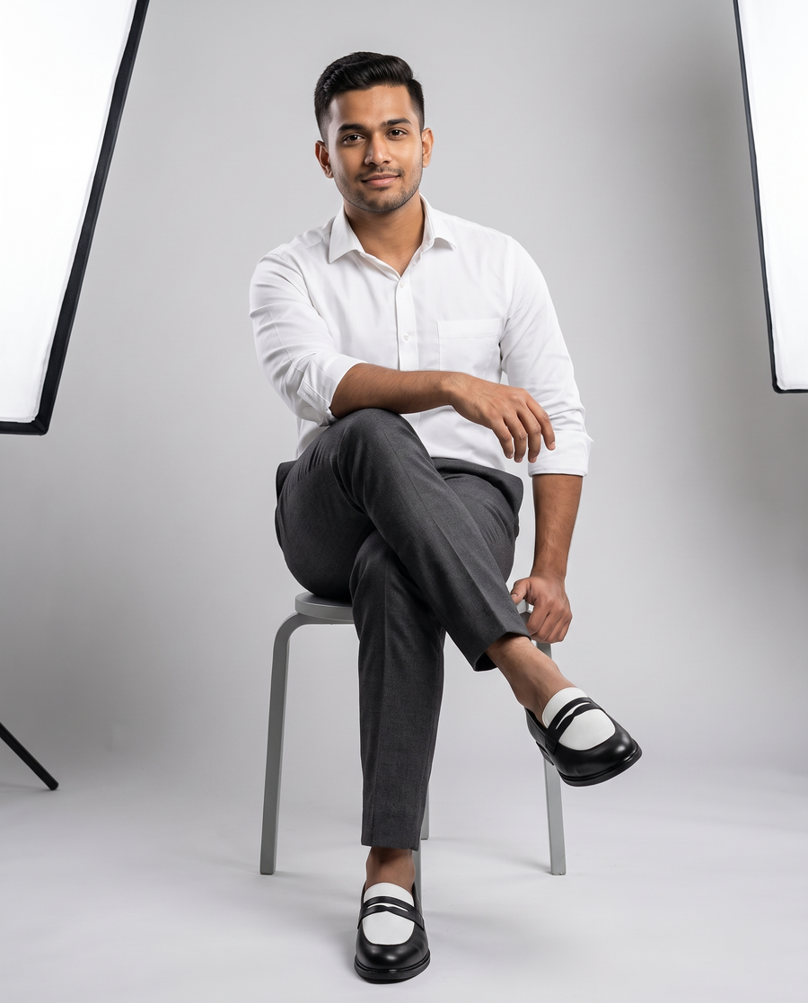Model wearing Executive Leather Penny Loafer Two Tone - seated