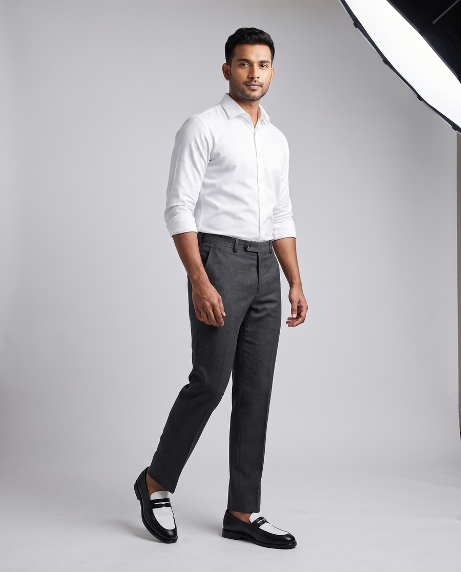 Model wearing Executive Leather Penny Loafer Two Tone - standing