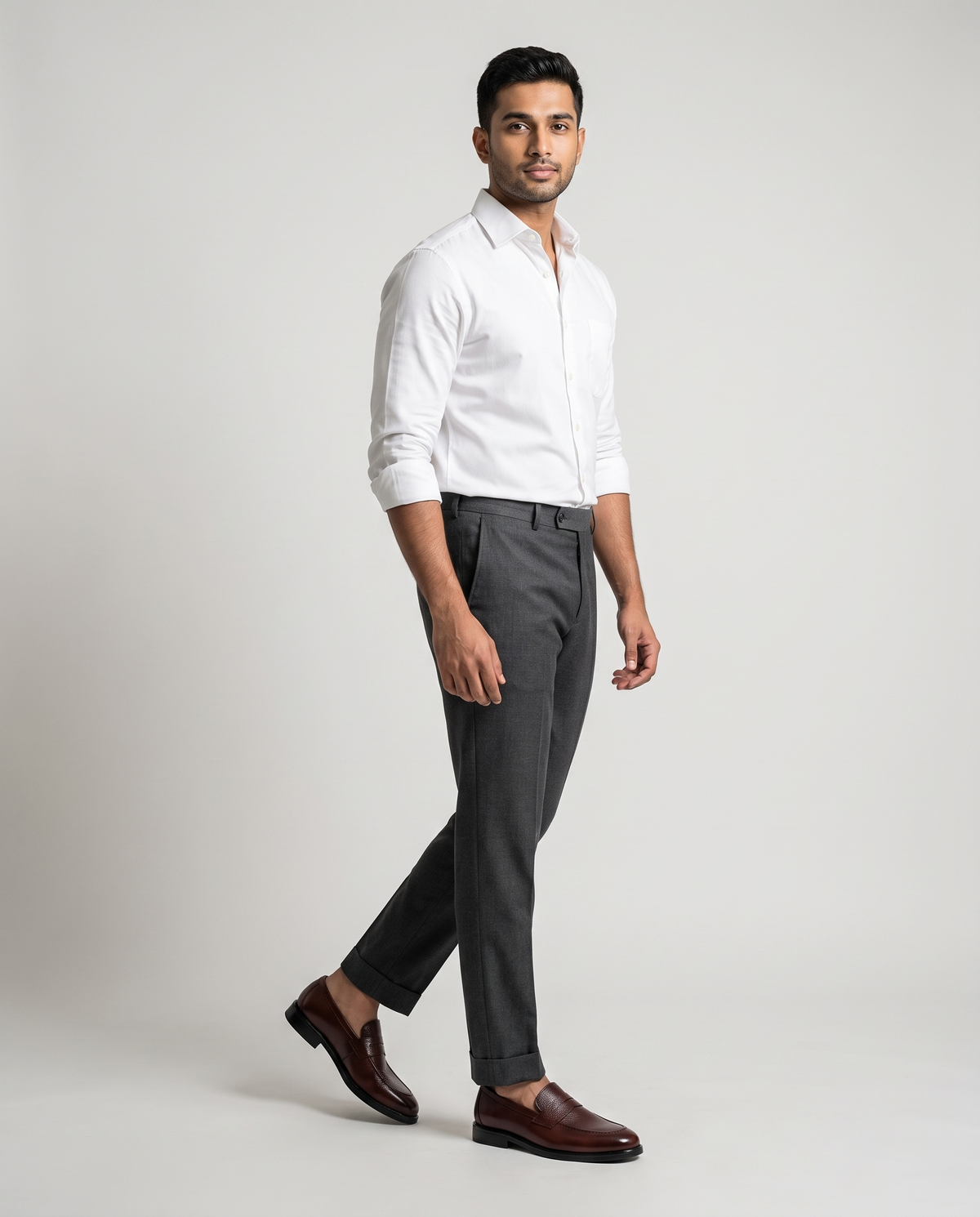 Model wearing Executive Leather Penny Loafer Oxblood - standing