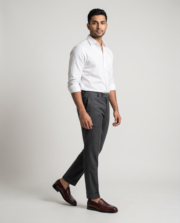 Model wearing Executive Leather Penny Loafer Oxblood - standing