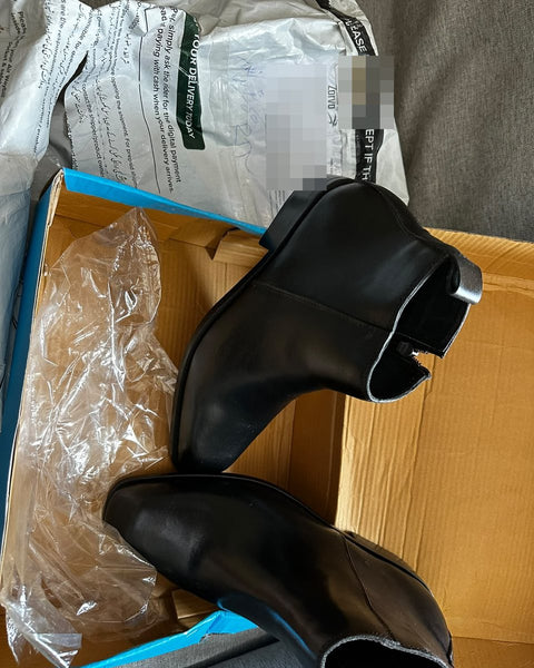 Zorva black leather Chelsea boots delivered in original packaging